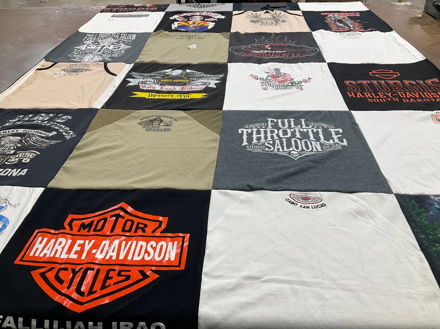 T-shirt quilt with motorcycles, biker culture themes by Sandi from MN