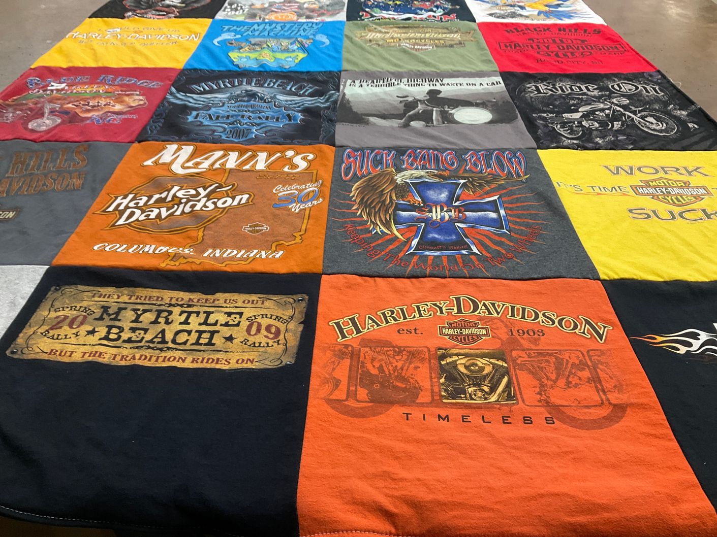T-shirt quilt with motorcycles, biking themes by Danny from NC