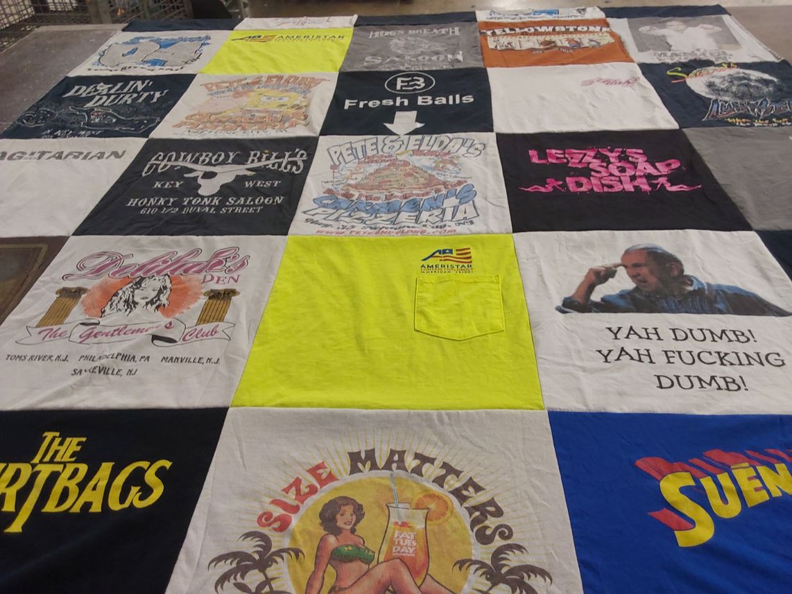 T-shirt quilt with bars, gentlemen's clubs themes by Amanda from NJ