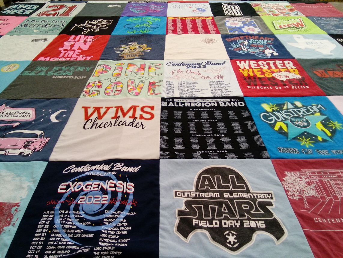 T-shirt quilt from gunstream elementary school, centennial high school by Jill from TX
