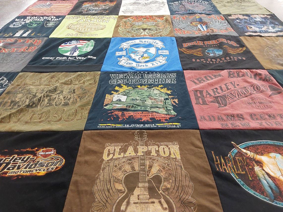 T-shirt quilt with motorcycles, veterans themes by Ira from NY