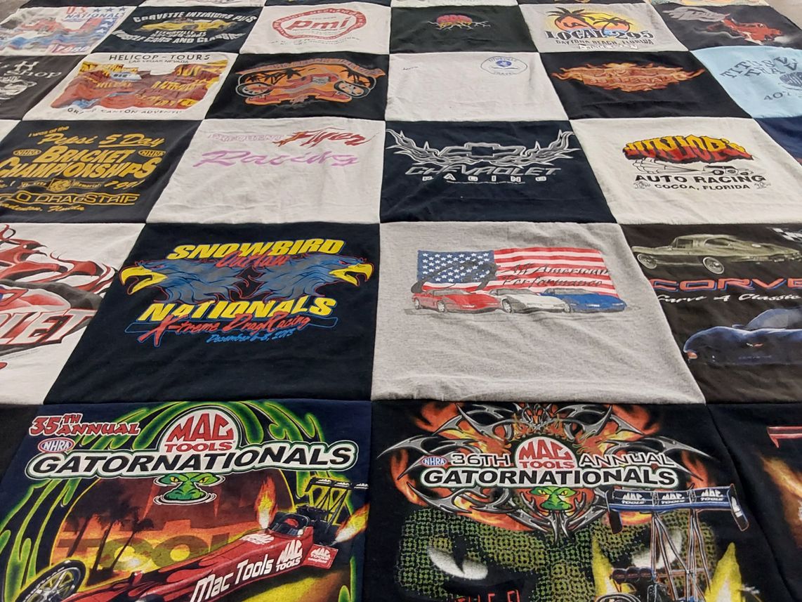 T-shirt quilt with auto racing, automobiles themes by janis from FL