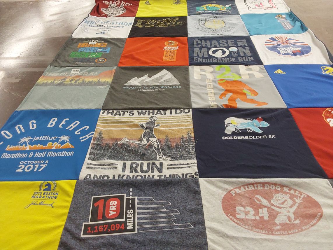 T-shirt quilt with running, marathons themes by Bob from CO