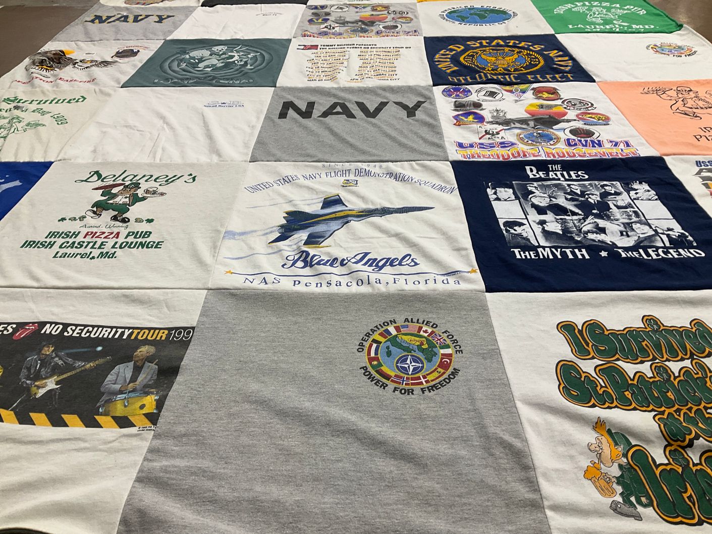 T-shirt quilt with navy, pubs themes by Ginger from MD