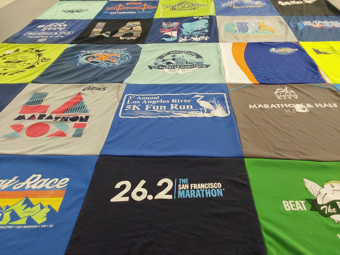 T-shirt quilt with running, fitness themes by Victoria from CA