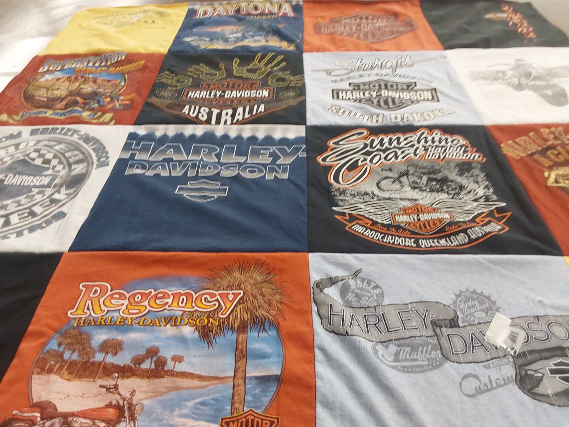 T-shirt quilt with motorcycling, harley-davidson themes by Kristin from SC