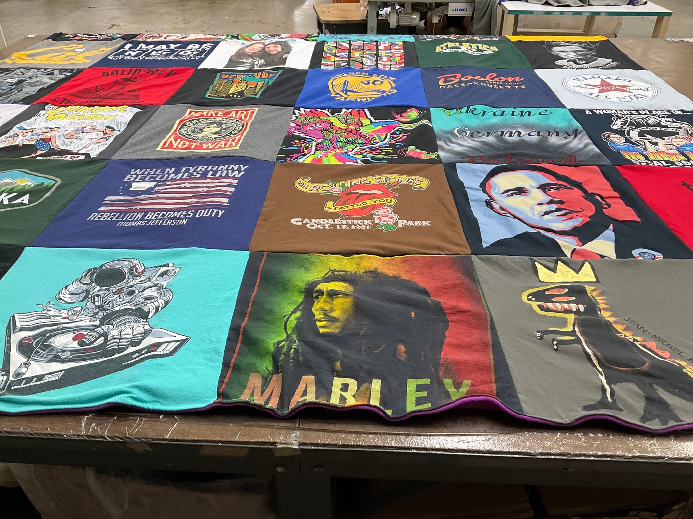 T-shirt quilt with art, politics themes by Lauren from CA