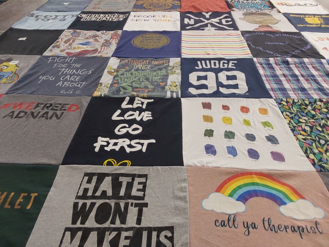 T-shirt quilt with activism, mental health themes by Tahara from NY
