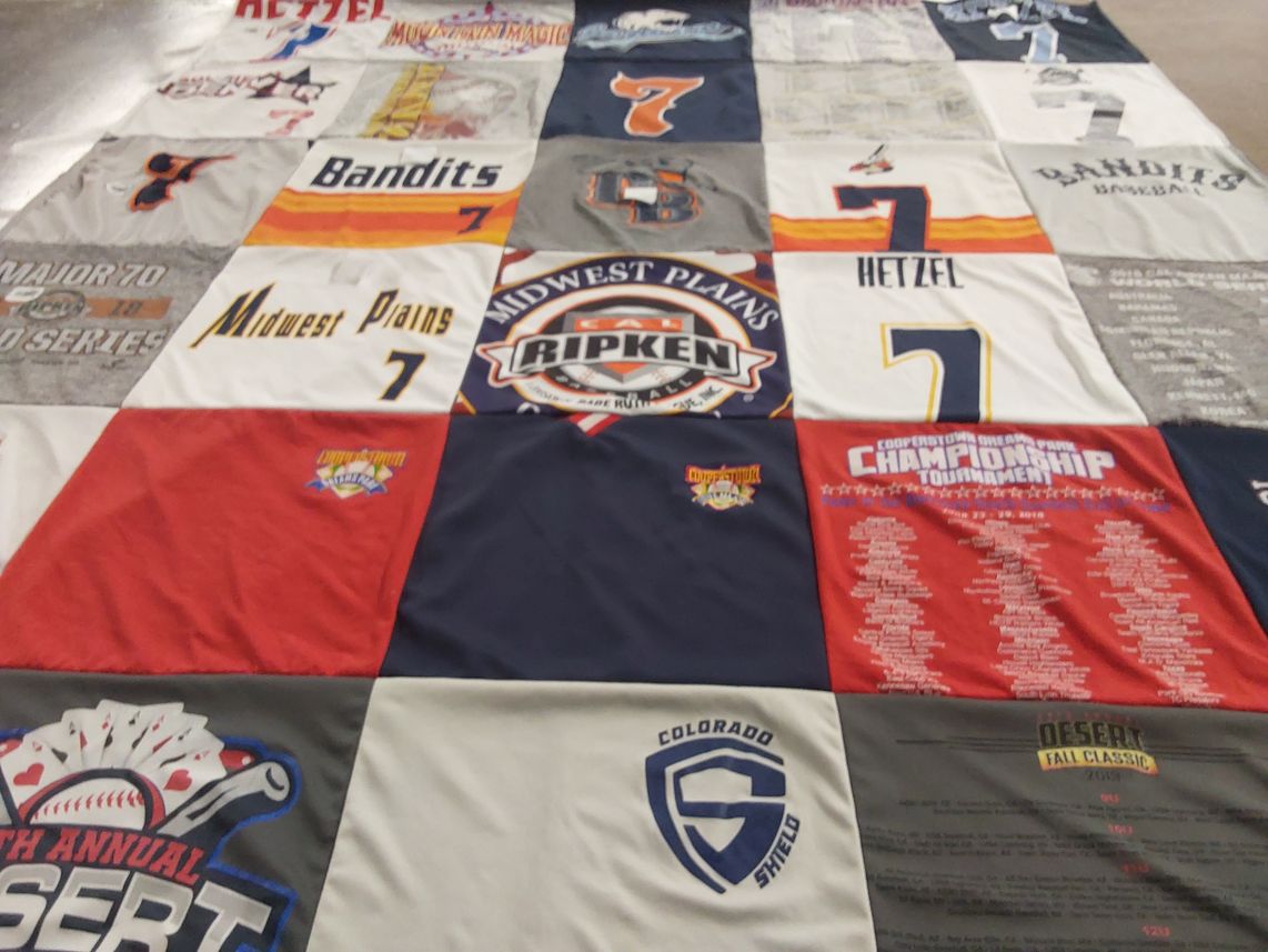 T-shirt quilt with sports, baseball themes by Theresa from CO