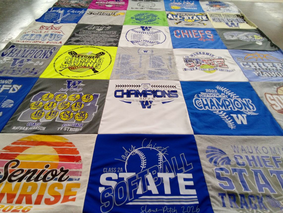 T-shirt quilt featuring waukoma chiefs by Tracie from OK