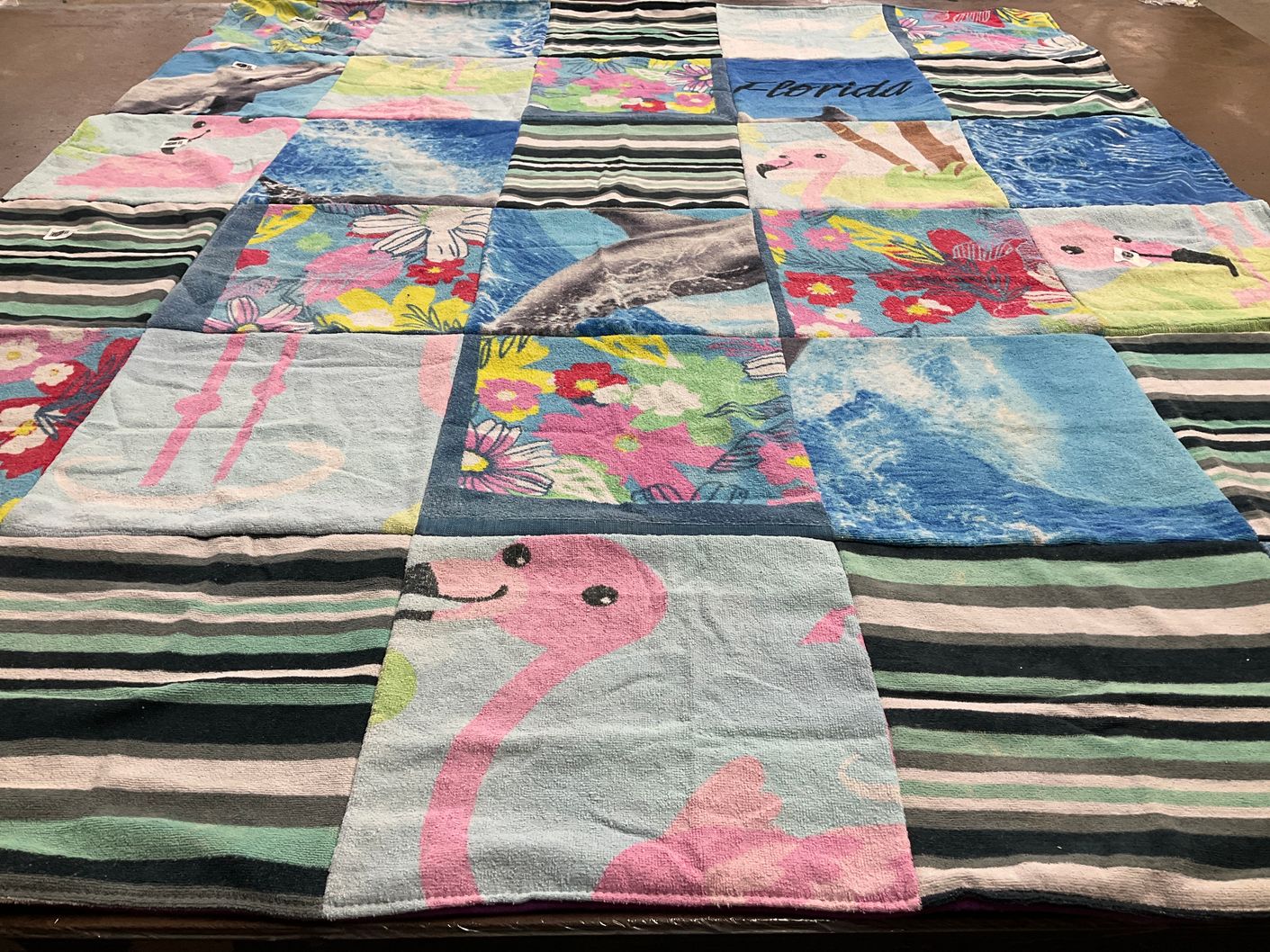T-shirt quilt with beach, tropical themes by Sarah from NE