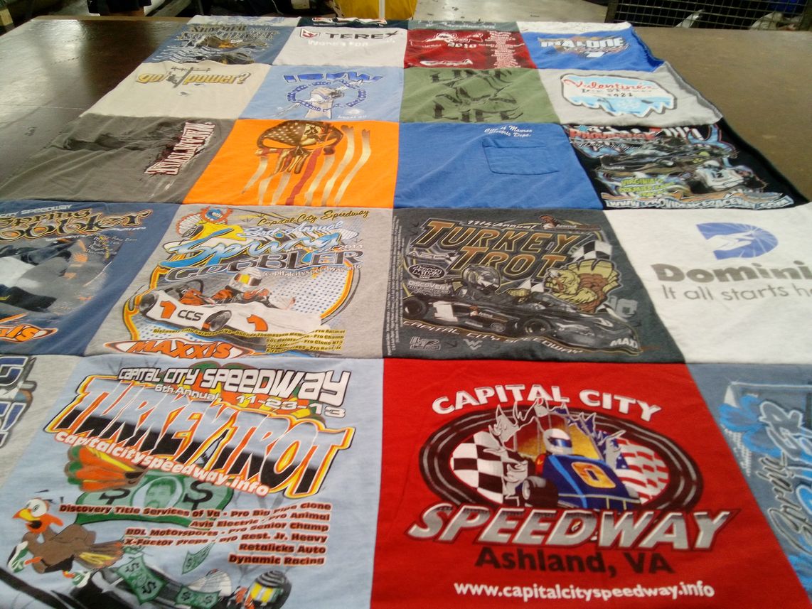 T-shirt quilt with racing, motorsport themes by Dorothy W from VA