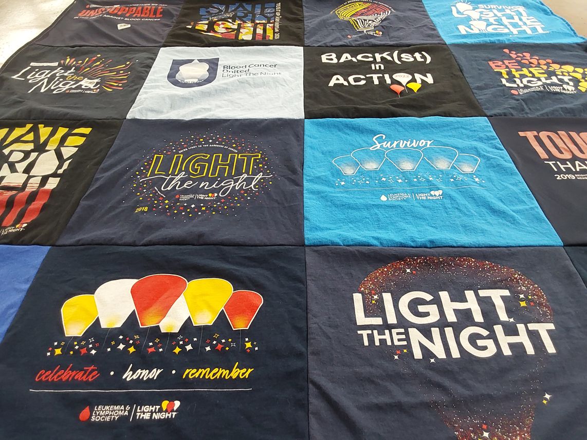 T-shirt quilt with blood cancer awareness, fundraising themes by Jennifer from AZ