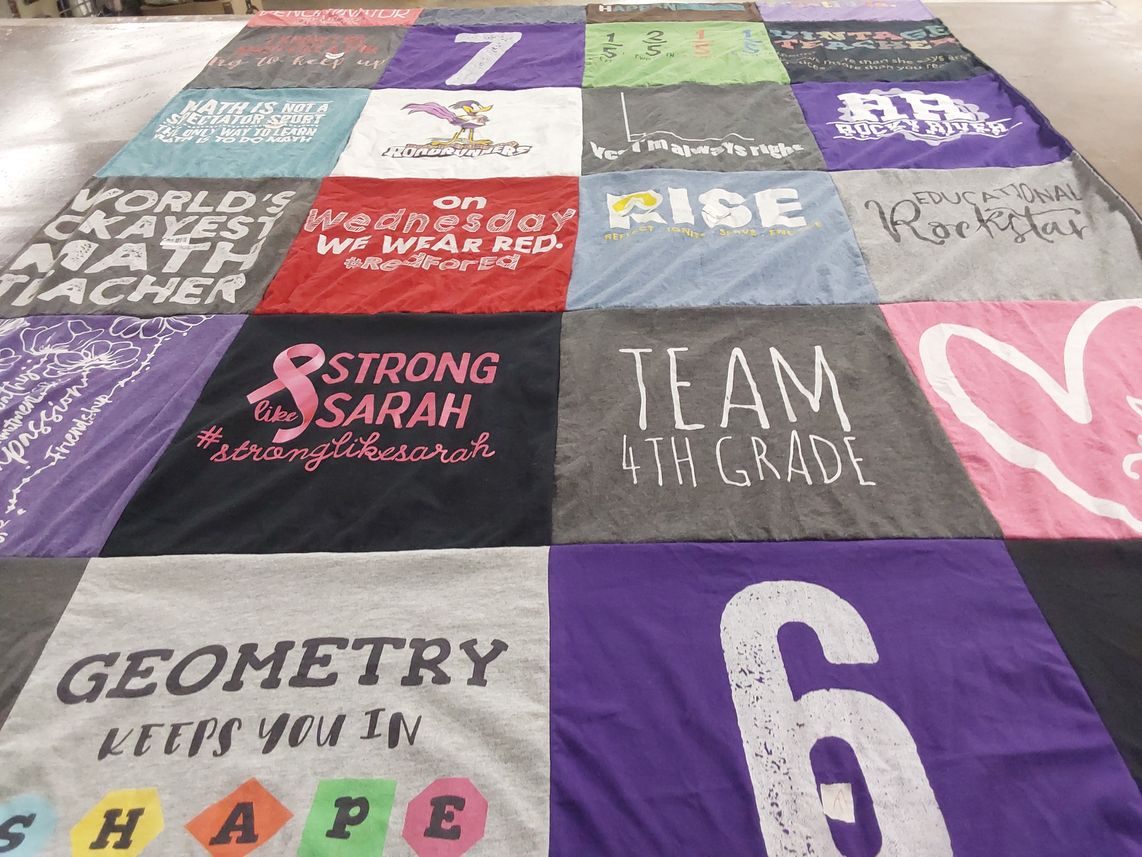 T-shirt quilt with education, math themes by Lauren from NC
