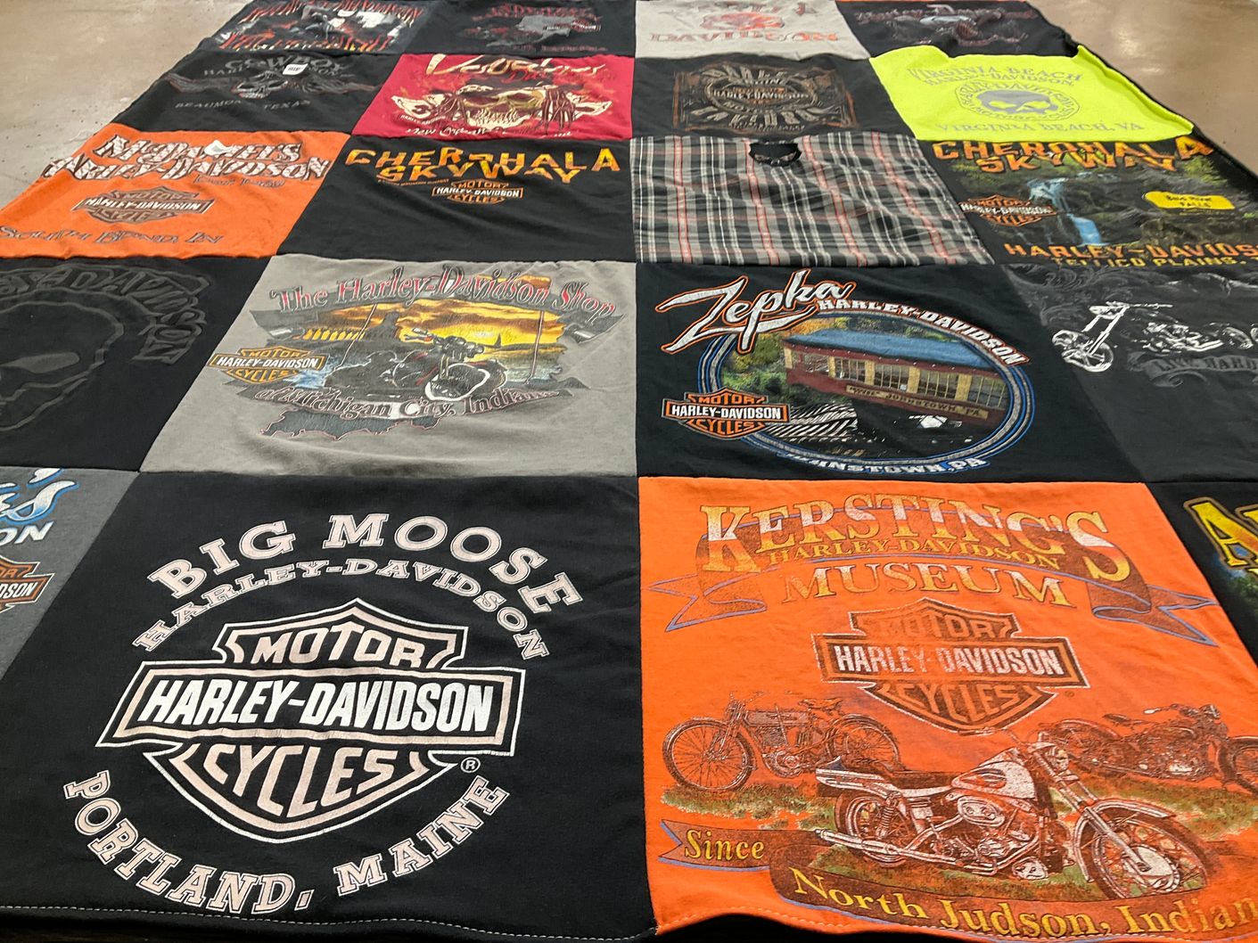 T-shirt quilt with motorcycles, harley-davidson themes by Barbara from IN