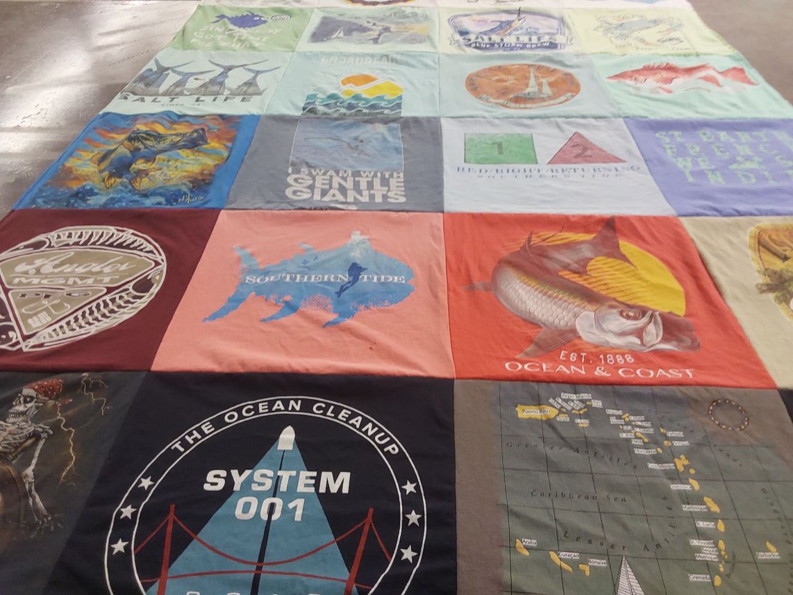T-shirt quilt with ocean conservation, fishing themes by Marie from GA