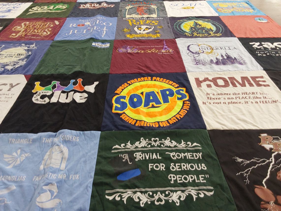 T-shirt quilt with theatre, musicals themes by Angie from TX