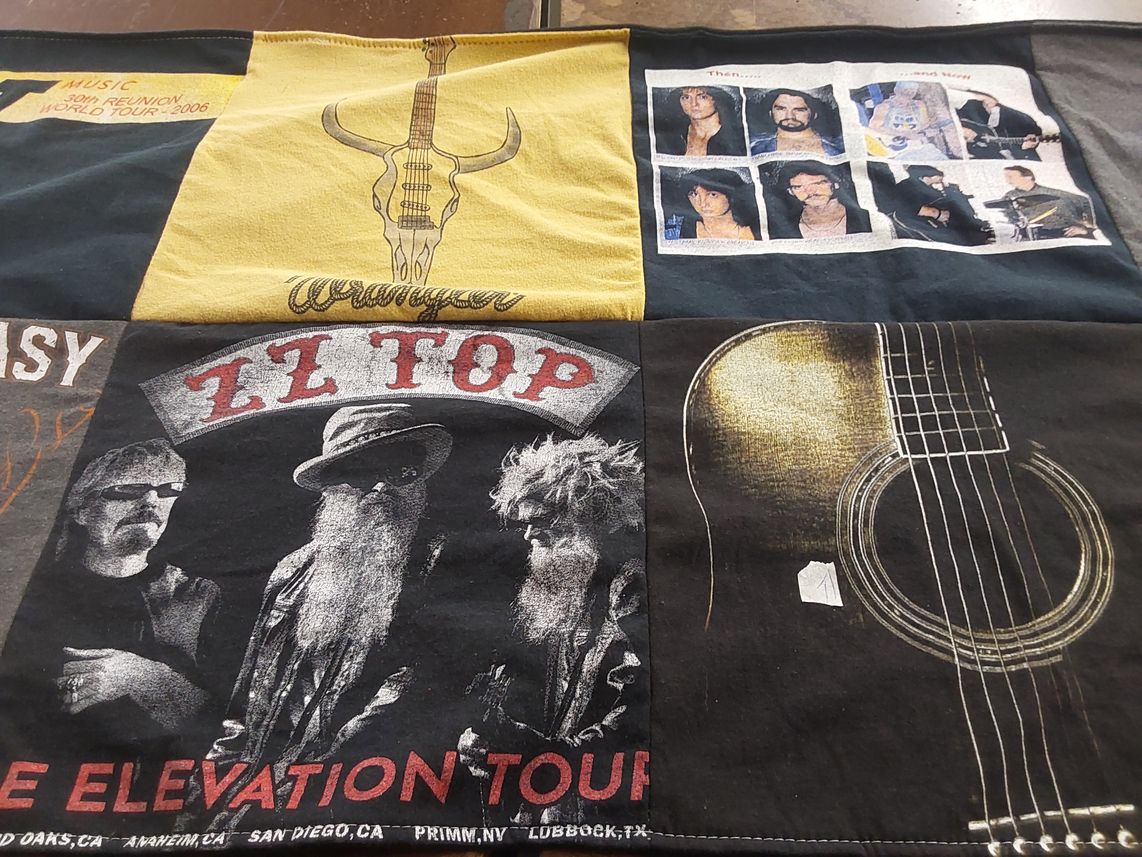 T-shirt quilt with music, concerts themes by Susan from TN