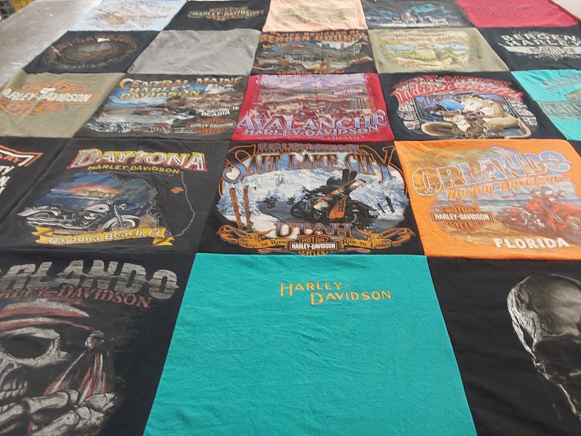 T-shirt quilt with motorcycles, motorcycle culture themes by Cassandra from NJ