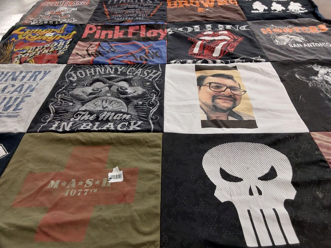 T-shirt quilt with music, rock themes by Desiree from TX
