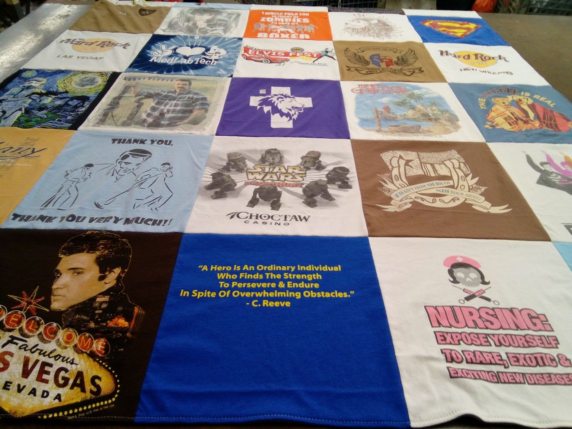 T-shirt quilt with nursing, science themes by Ellen from TX