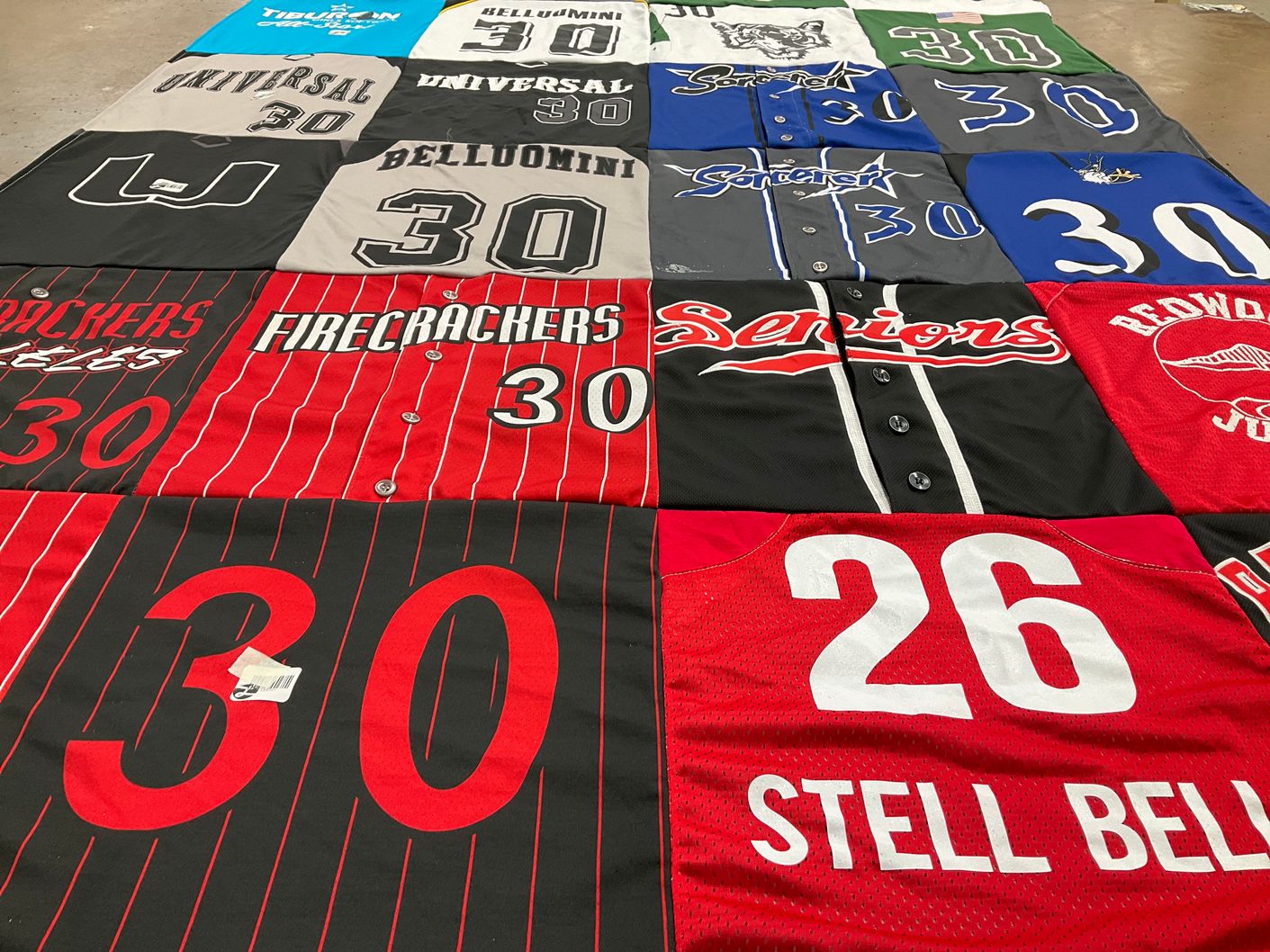 T-shirt quilt with sports, baseball themes by Laura from CA