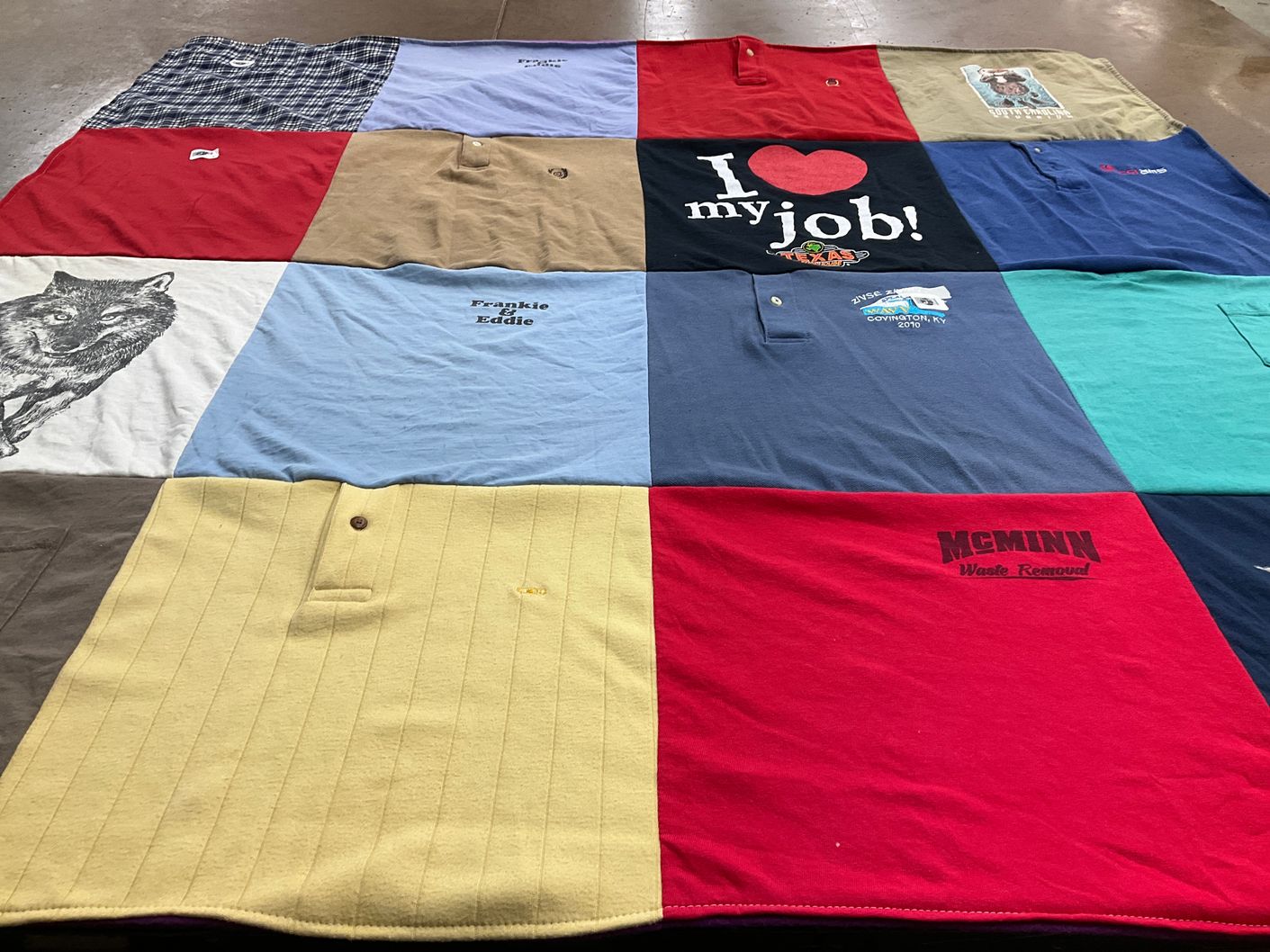 T-shirt quilt with work, employment themes by betty from NC