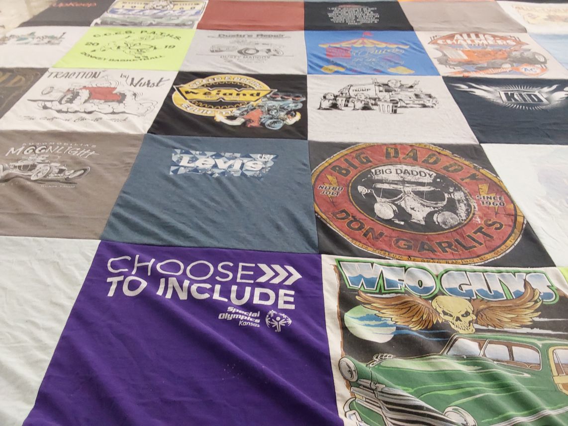 T-shirt quilt with cars, motorsports themes by Jaimie from KS