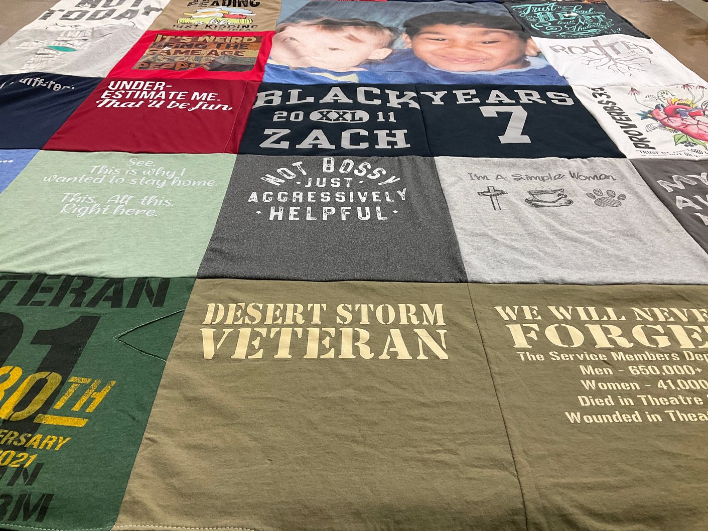 T-shirt quilt with military, veteran themes by Gail from RI