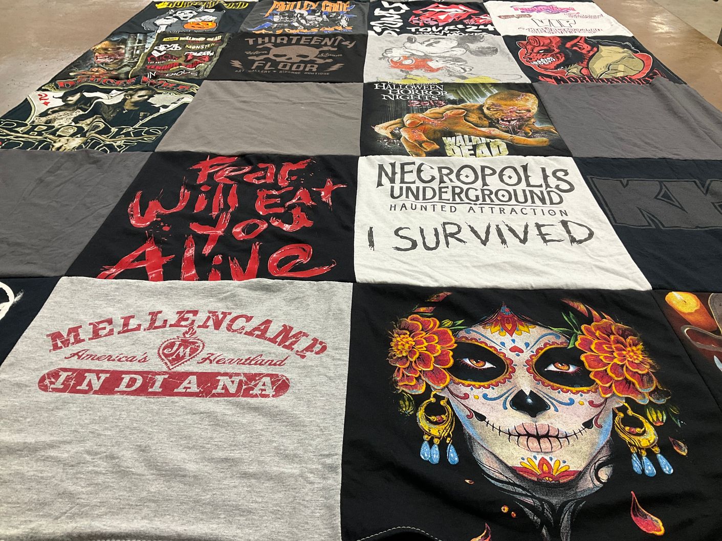 T-shirt quilt with haunted attractions, music themes by John from IN
