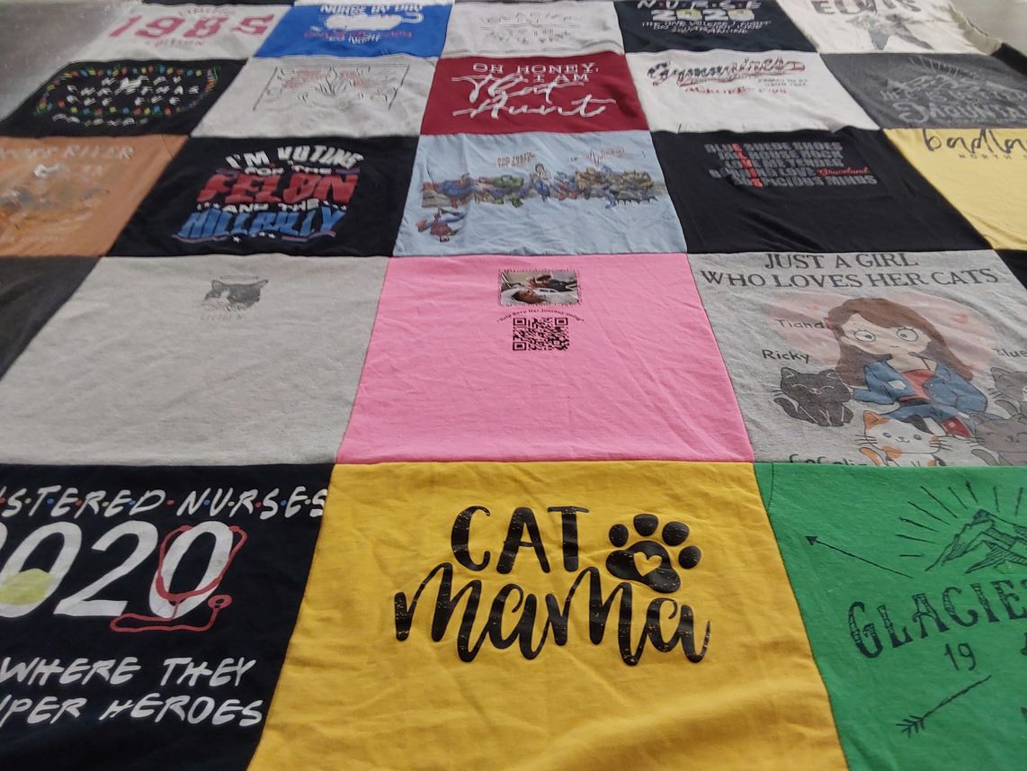 T-shirt quilt with cats, nursing themes by Joanna from FL