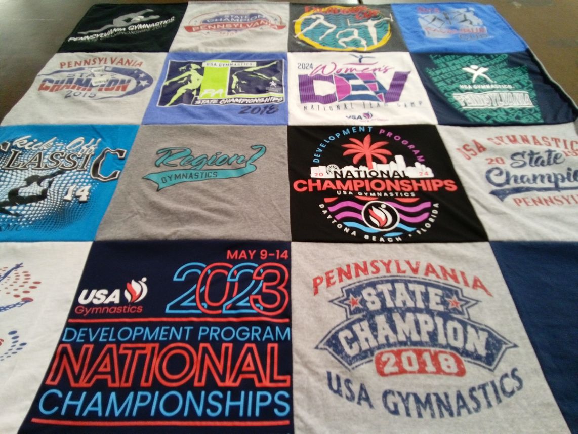 T-shirt quilt with gymnastics themes by Emily from PA