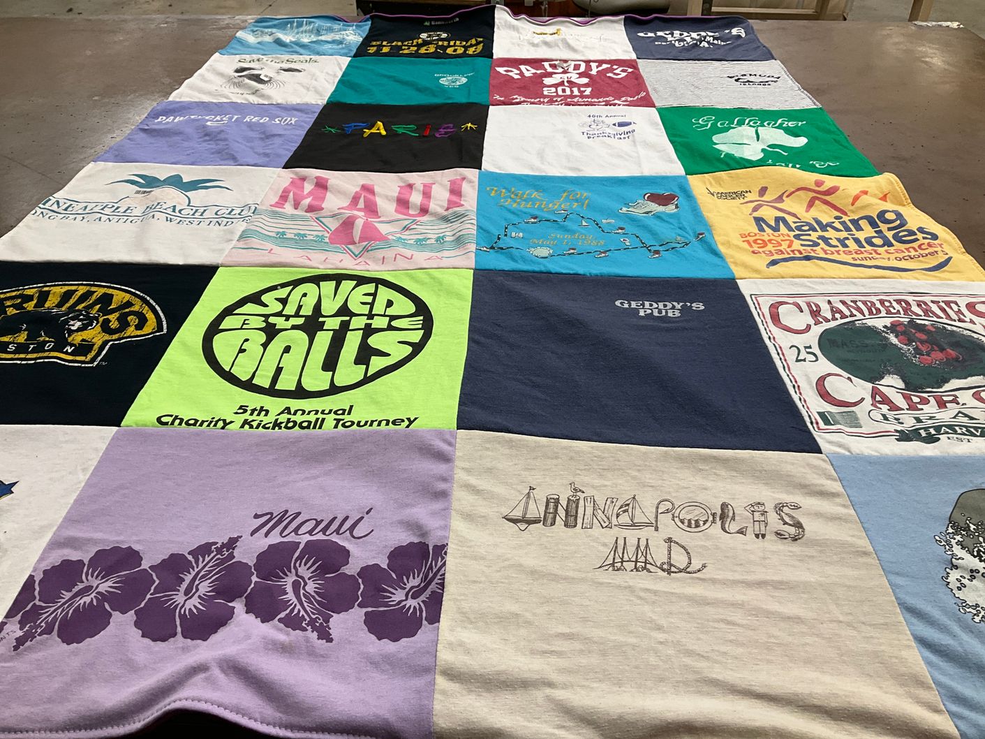 T-shirt quilt with charity, kickball themes by Linda from MA