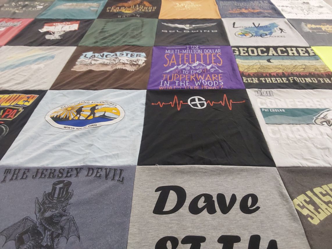 T-shirt quilt with geocaching, adventures themes by Dave from PA