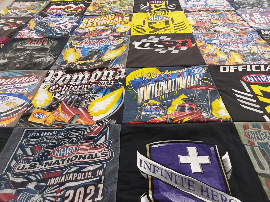 T-shirt quilt with drag racing, motorsports themes by Kaitlyn from IN