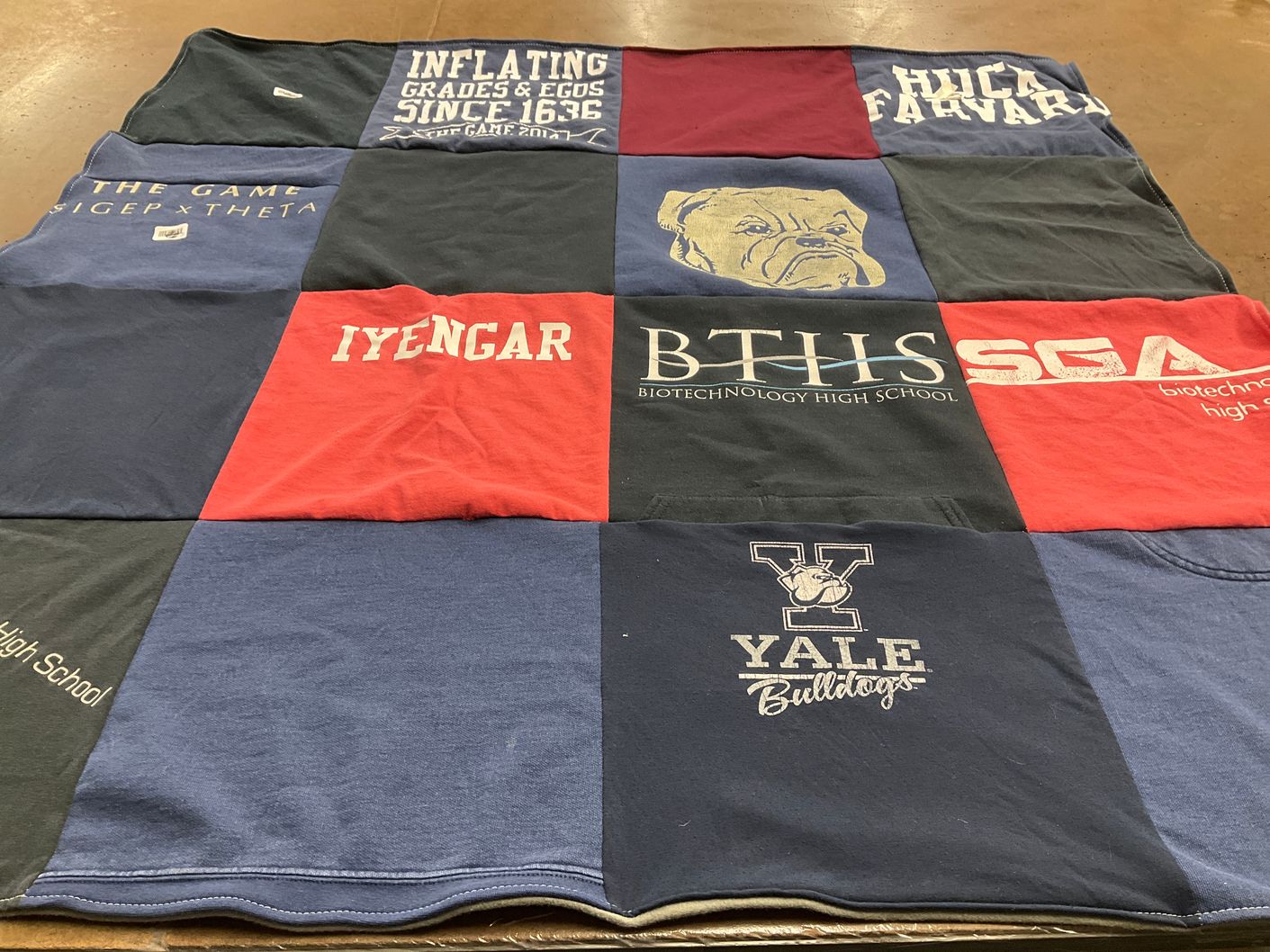 T-shirt quilt from biotechnology high school, yale university by Uma from NJ