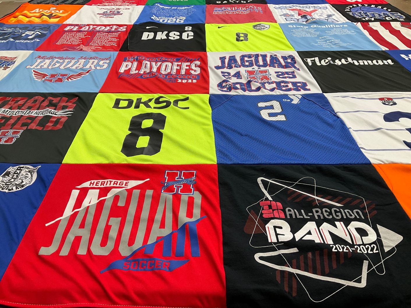 T-shirt quilt featuring heritage high school jaguars by Mimi from TX