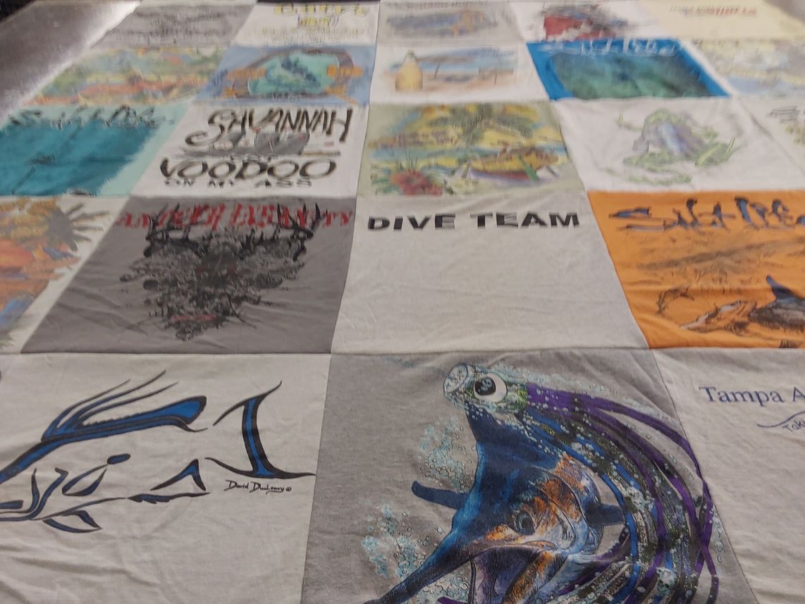T-shirt quilt with diving, marine life themes by Jennifer from FL