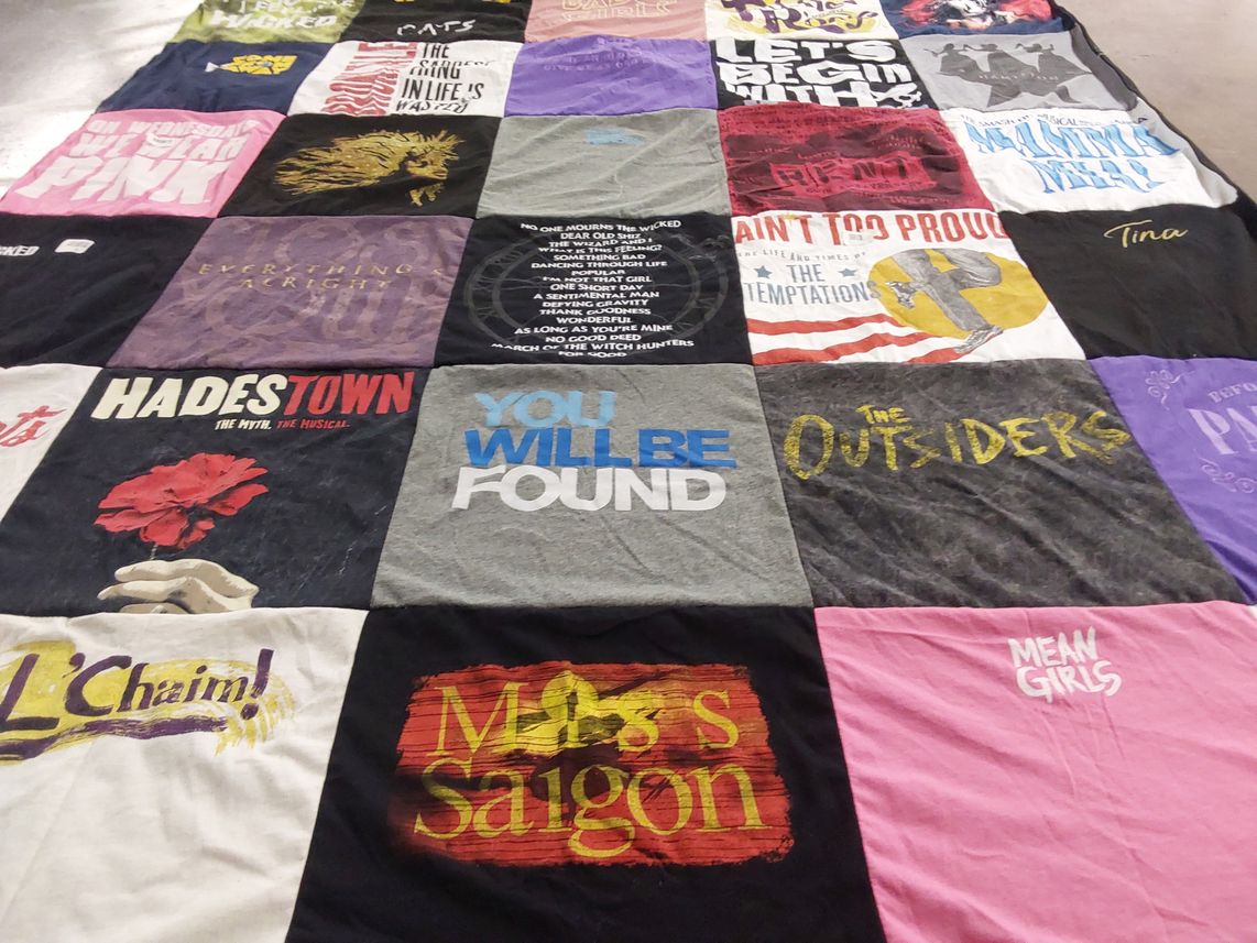T-shirt quilt with musicals, theater themes by Goodson from MA