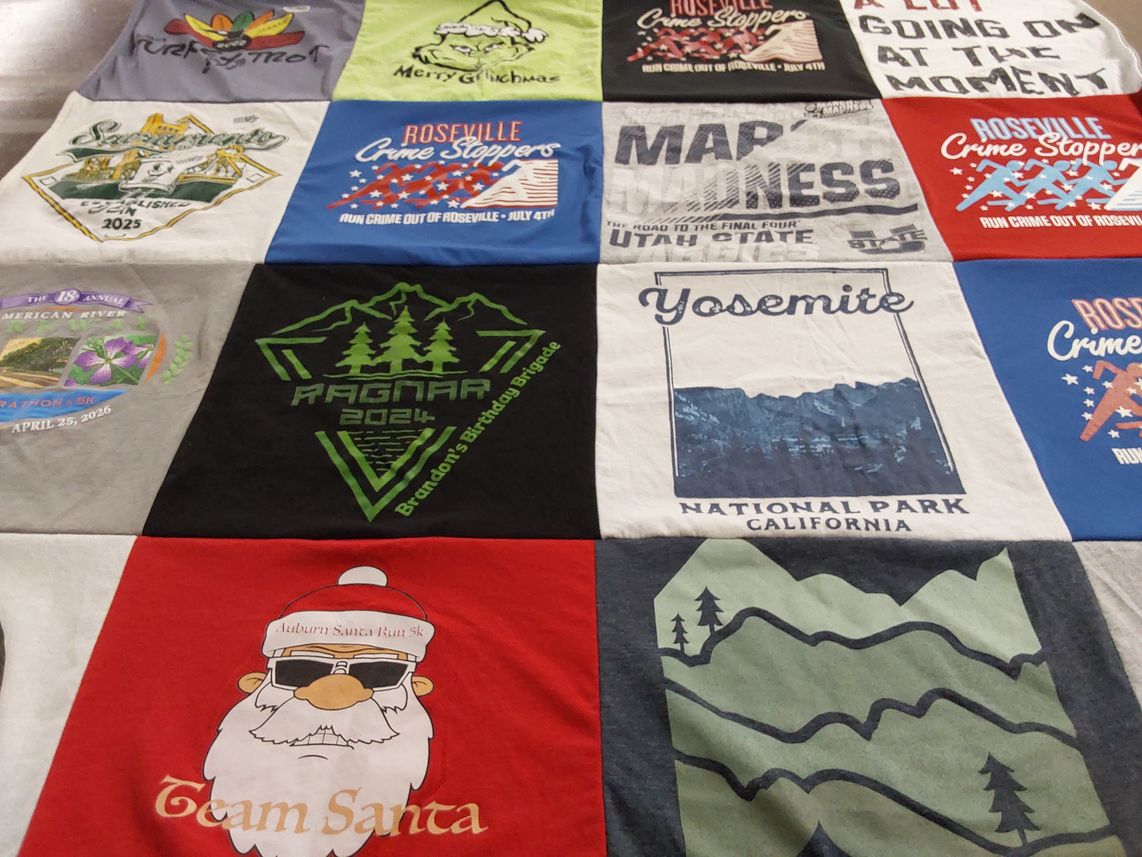 T-shirt quilt with running, outdoors themes by Michelle from CA