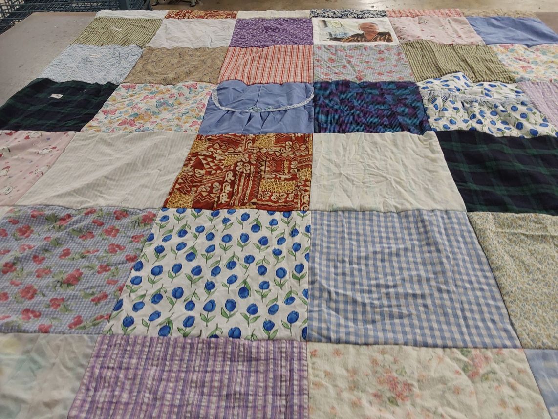 T-shirt quilt with quilting, sewing themes by Marjorie from TX