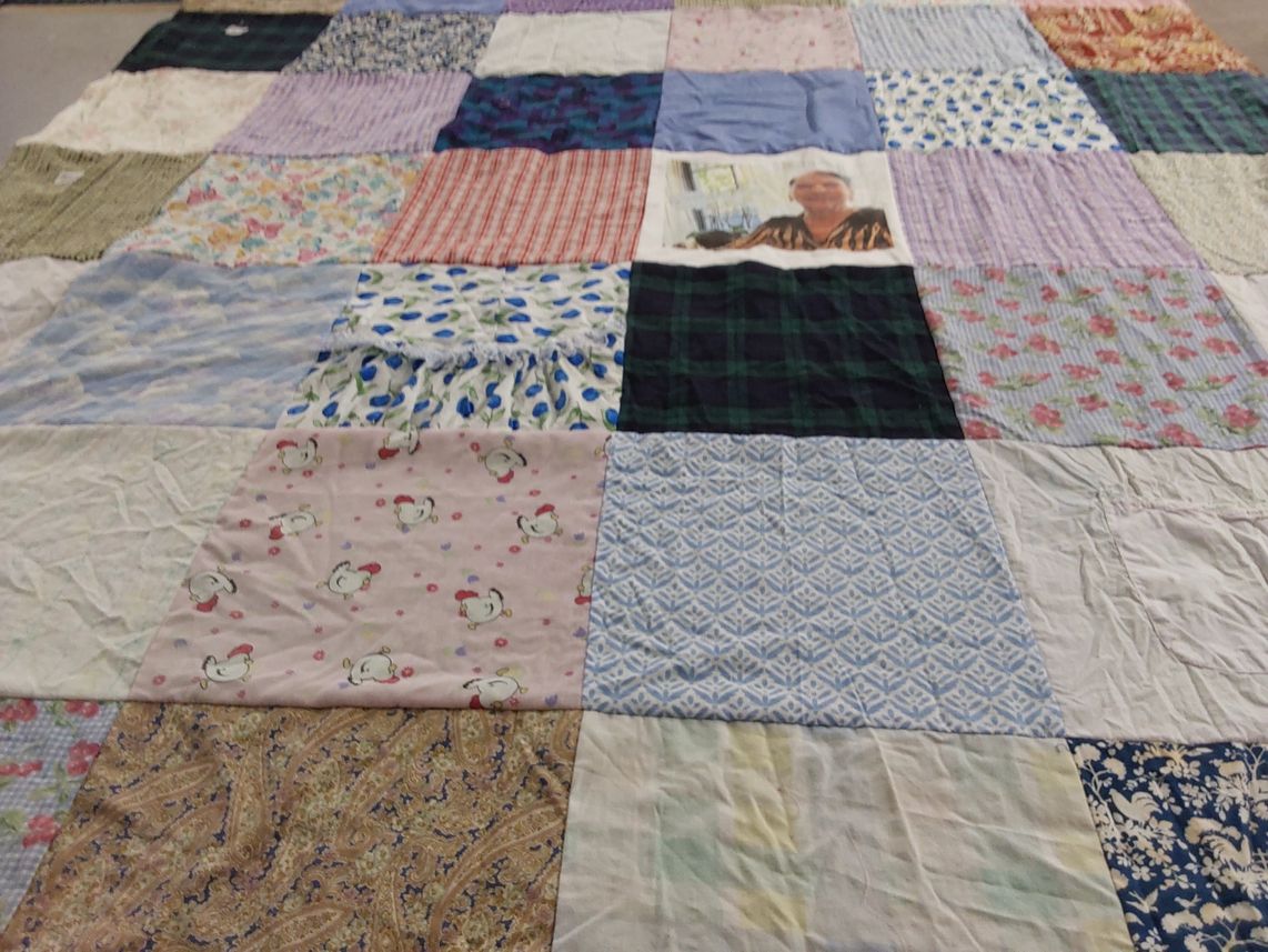 T-shirt quilt with quilting, sewing themes by Marjorie from TX