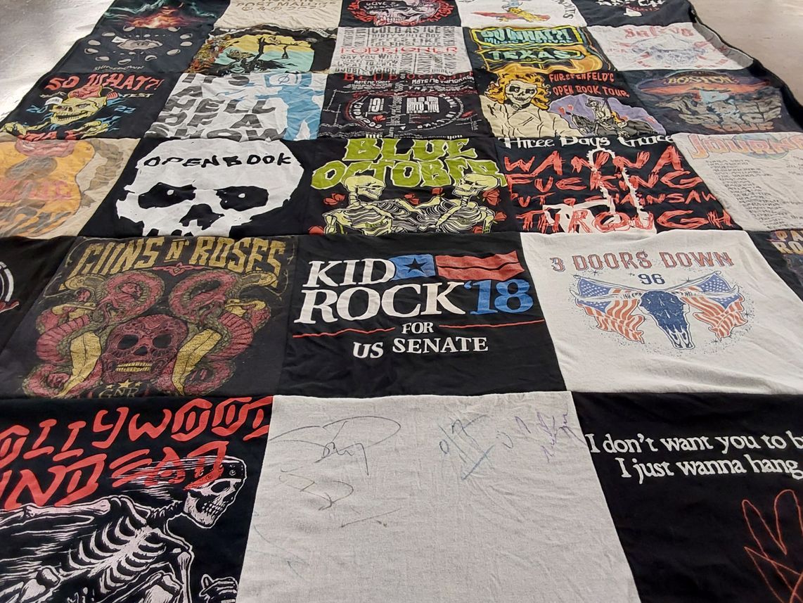 T-shirt quilt with music, rock themes by Kelli from TX