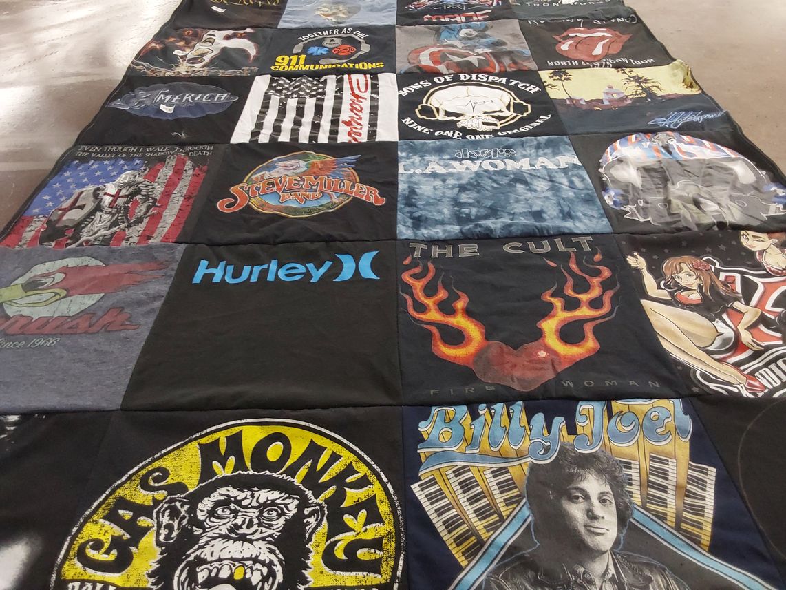 T-shirt quilt with music, rock themes by Juanito from TX