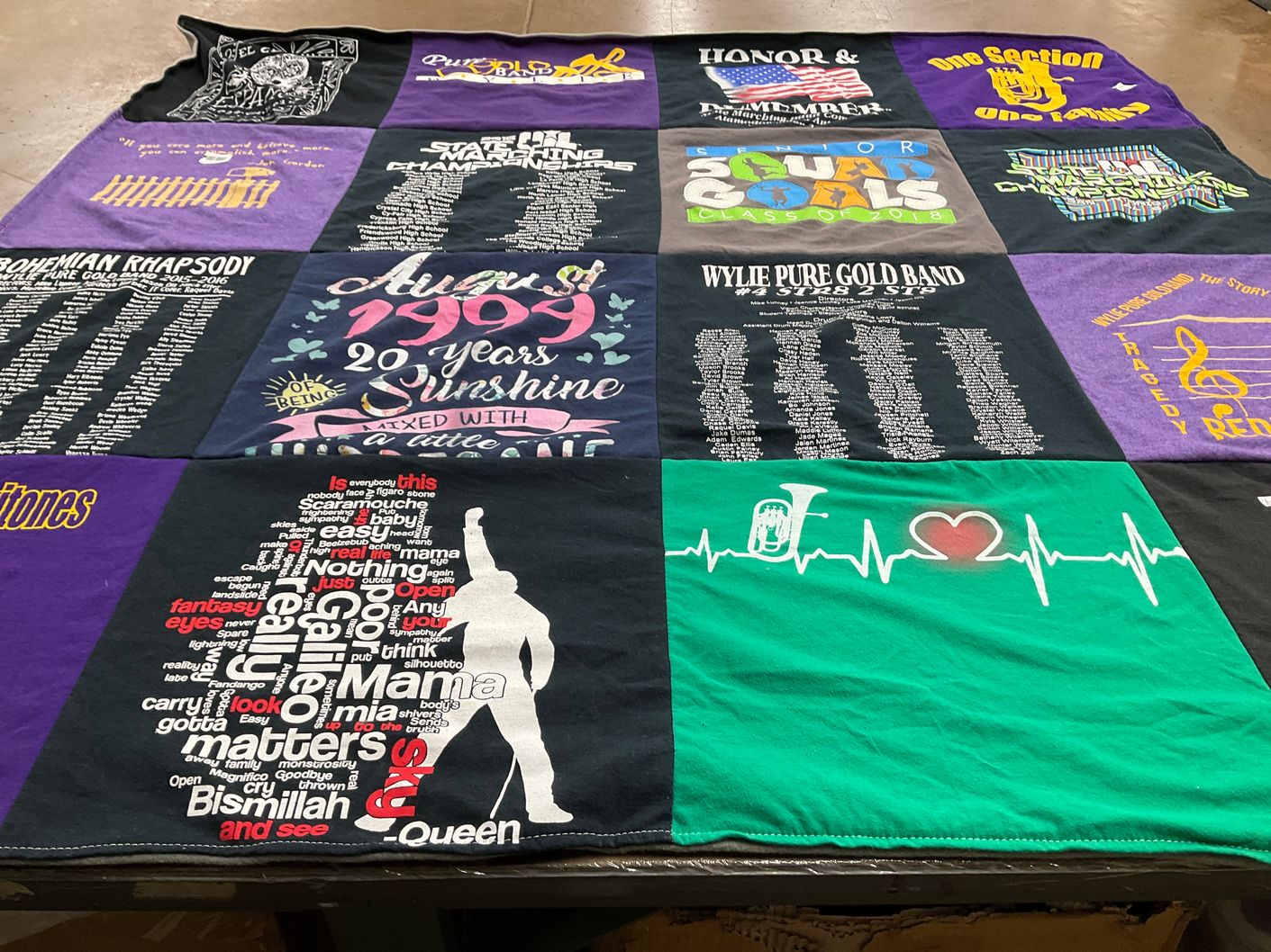 T-shirt quilt with music, school themes by Judy from TX
