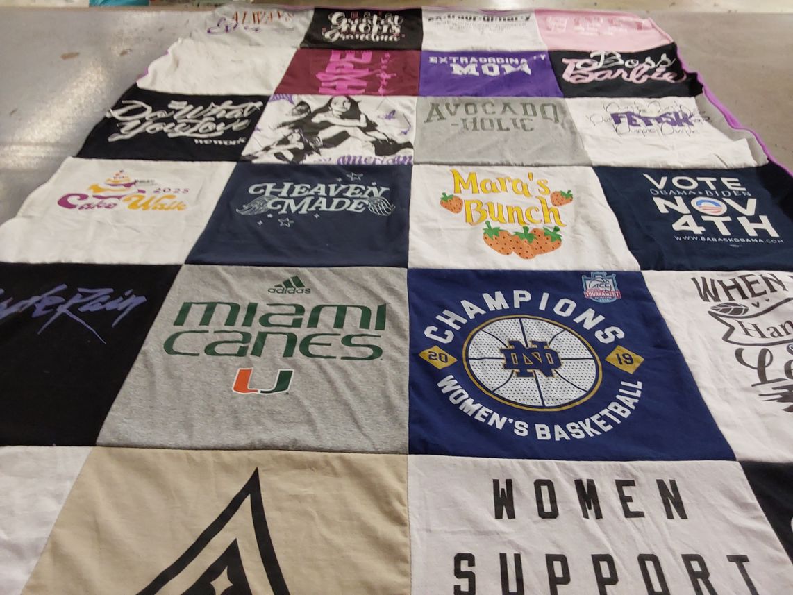 T-shirt quilt featuring university of miami canes, university of notre dame women's basketball by Schinnell from MD