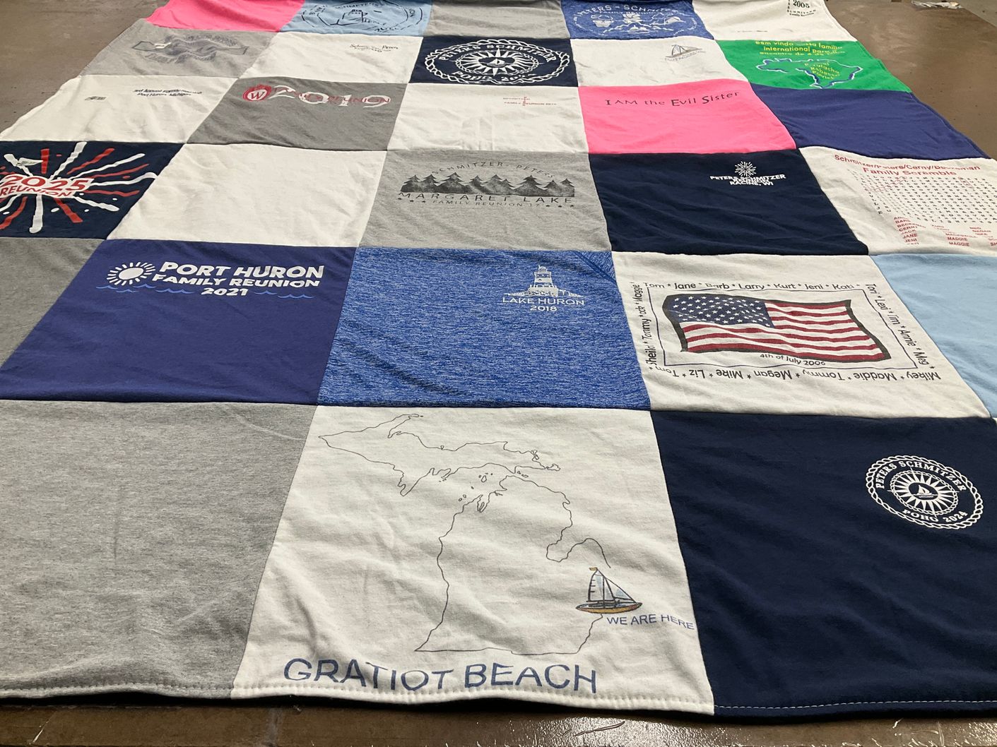 T-shirt quilt with family gatherings, reunions themes by Barbara from WI