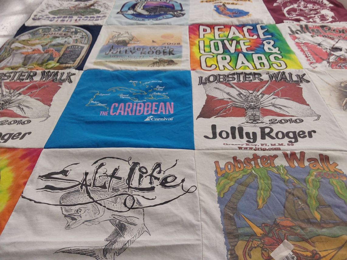 T-shirt quilt with fishing, beach themes by Vicki from FL