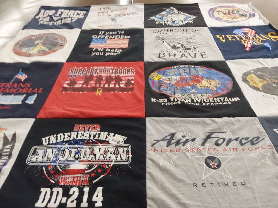 T-shirt quilt with military, veterans themes by Marcia from FL