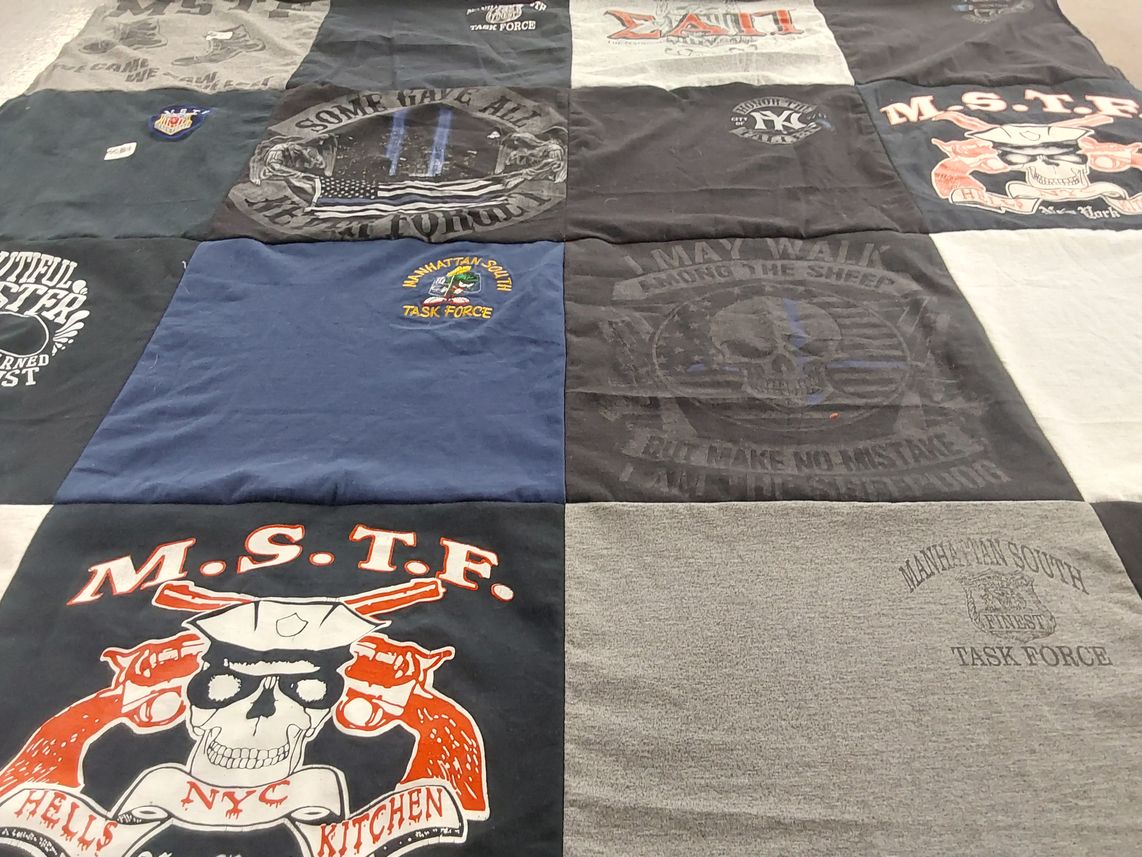 T-shirt quilt with first responders, law enforcement themes by Liza from FL
